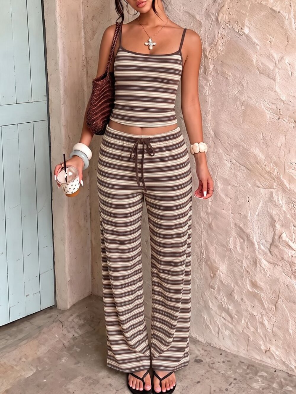 Brown Casual Women's Camisole & Striped Pants Set